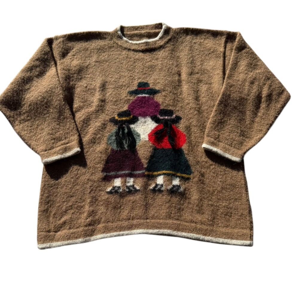 Vintage Alpaca Wool Sweater Women's Brown Peruvian Folk Art Pullover Knit L